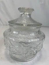 Anchor Hocking Embossed Candy Jar Glass Lidded Floral Design Vintage