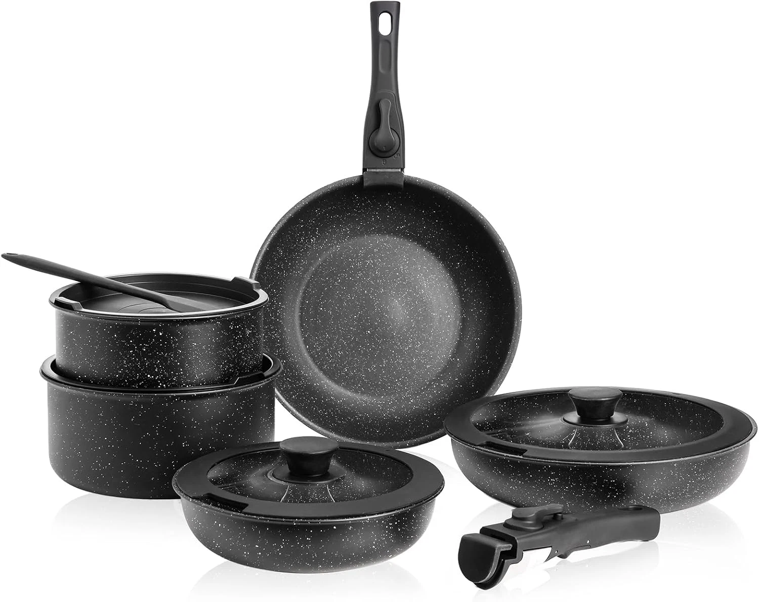 12-Piece Non-Stick Black Granite Cookware Set with Detachable Handles
