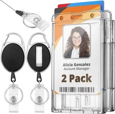 Rigid ID Badge Holder w/Retractable Reel Clip Clear, 2 Pack, Horizontal/Vertical