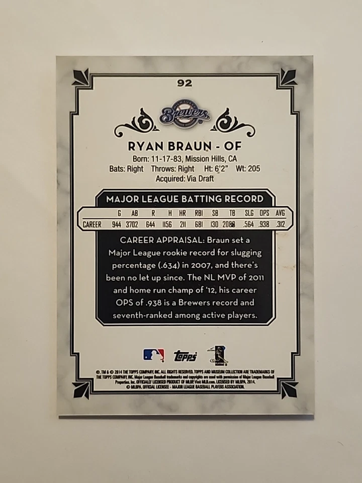 2014 Topps Museum Collection - Blue #92 Ryan Braun /99 Milwaukee Brewers  - Image 2 of 2