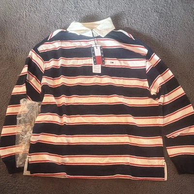 Tommy Jeans Herren Polo Langarm gestreift Blau/Weiß/Rot S Baumwolle Logo - Bild 1 von 4
