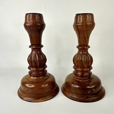 Vintage Hand Carved Brown Wooden Dinner Taper Candle Holders Candlesticks Rustic
