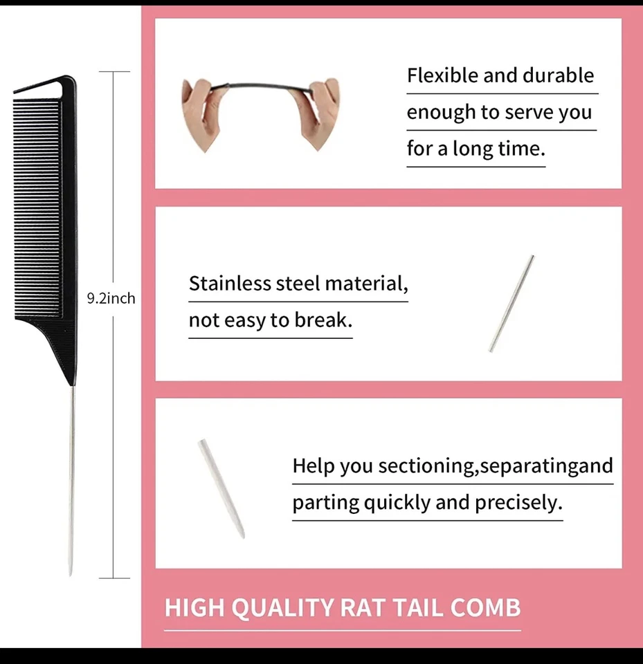 Набор из 3 расчесок для укладки волос щетка для дразнения волос крыса хвост расческа края (розовый, черный) - Изображение 3 из 4