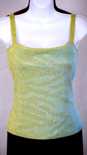 Top nuovo con etichette St. John donna lavorato a maglia blu giallo metallizzato oro luccicante taglia 10/L - Foto 1 di 6