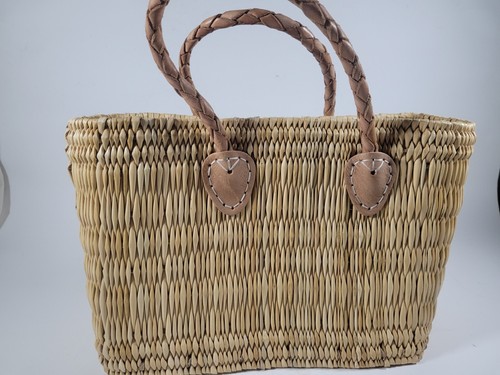 Flat Basket Weave Women's Tote Purse Bag Sturdy with Leather Handles Medium - Picture 4 of 8