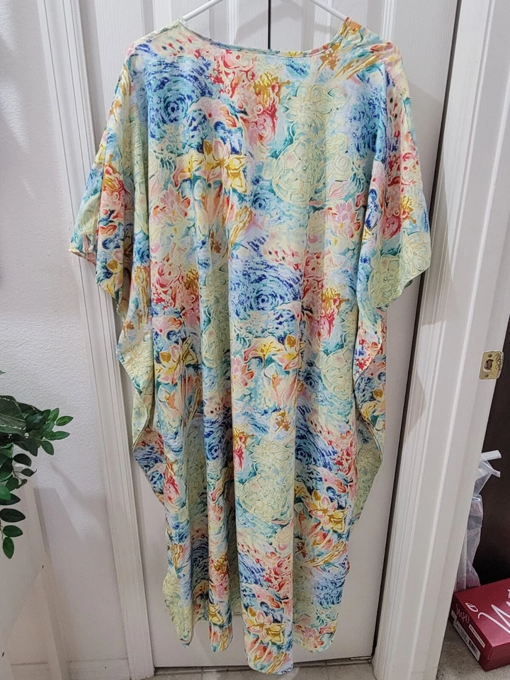 Winlar satinado caftán cachemira floral rojo dorado para mujer talla única Foto 4 de 4