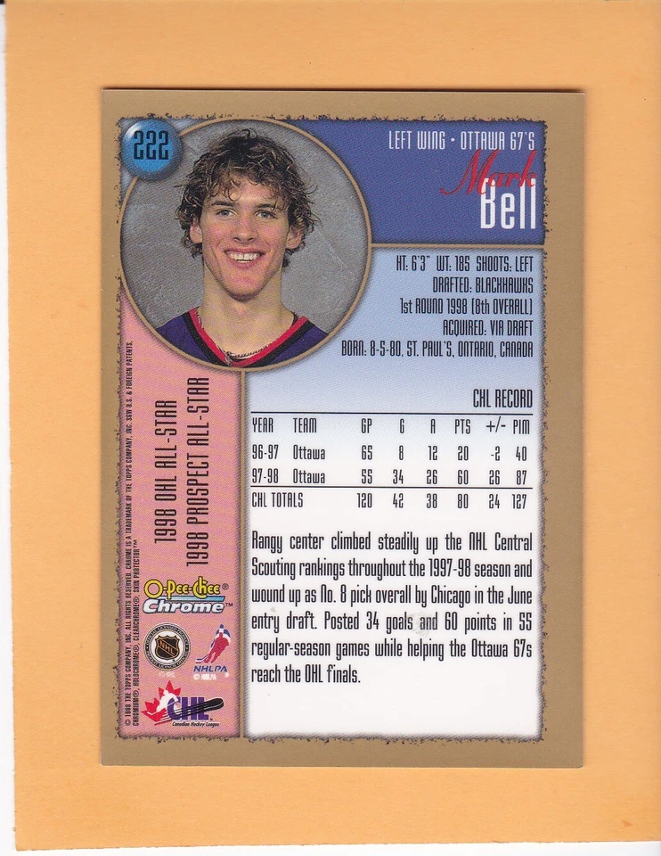 MARK BELL 1998-99 O-PEE-CHEE CHROME ROOKIE #222 OTTAWA 67'S NM-MT - Image 2 of 2
