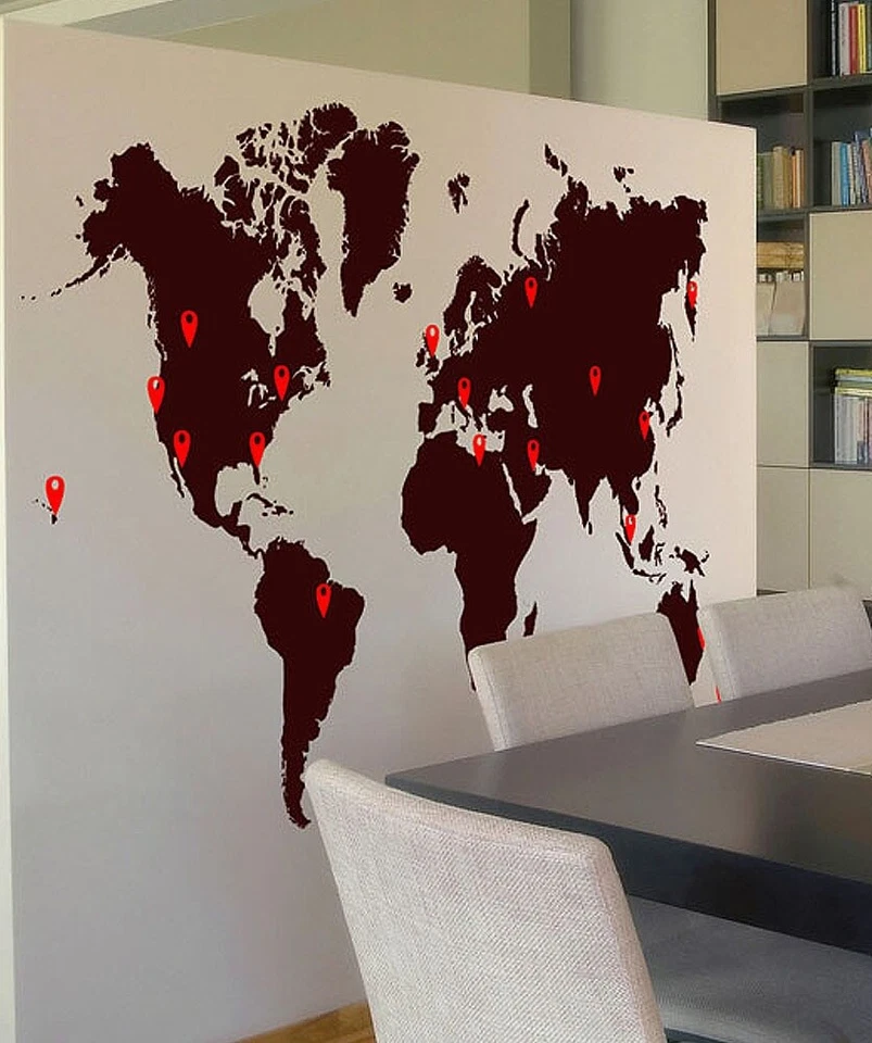 Office World Map Vinyl Wall Decal with Location Pin Drops. Bedroom Wall Map #873 - Image 4 of 4