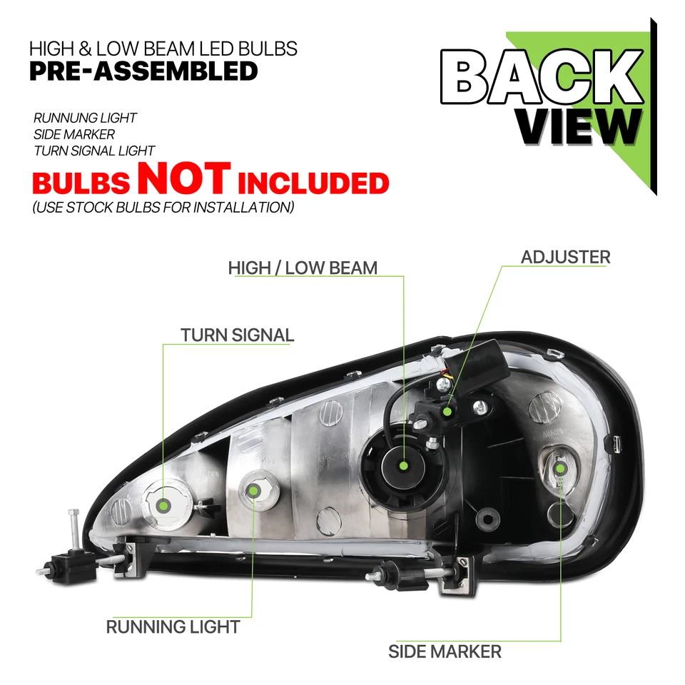 LH+RH Pair Chrome Clear Headlight+6000K LED Bulb for 1999-2005 Pontiac Grand Am - Image 4 of 4