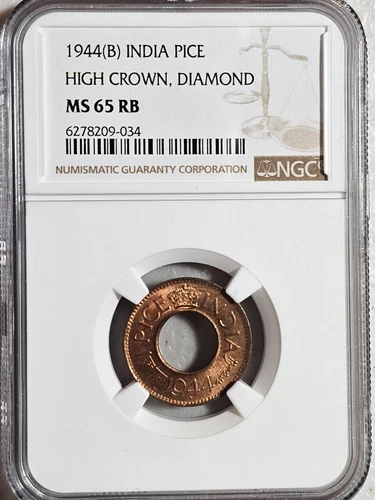 India 1 Pice 1944B High Crown, Diamond NGC MS 65 RB