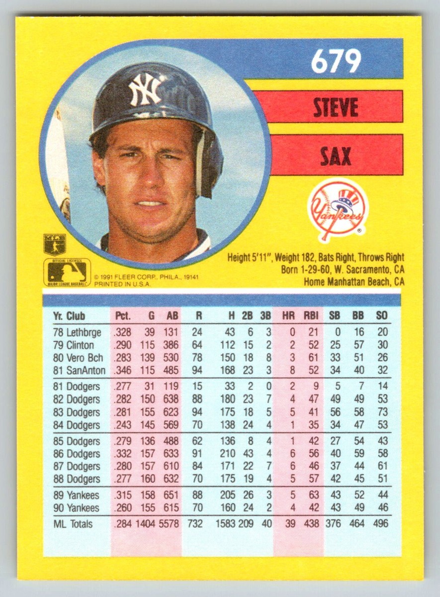 ちぇす 1991 Fleer #679 Steve Sax New York Yankees | eBay