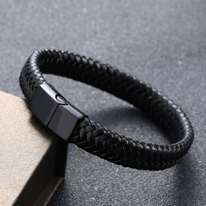 Black Bracelet Men's Braided Leather Bangle Stainless Steel Cuff