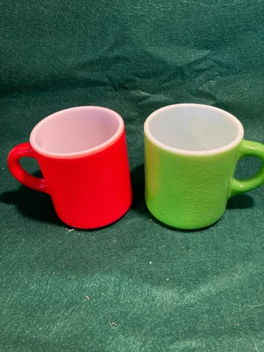 2 Vintage 1940s - 50s Milk Glass Mugs, Fired-On Bright Red & Green