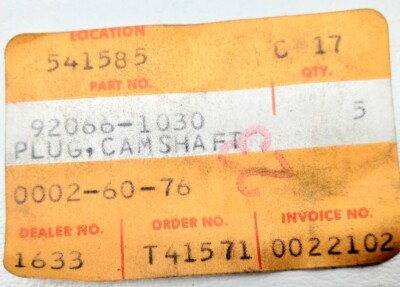 ショウ Kawasaki NOS NEW 92066-1030 Camshaft Plug KZ ZN KZ1300 ZN1300