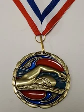 Colorful Swimming gold medal with your engraving, 2.5" & a R, W & B neck ribbon