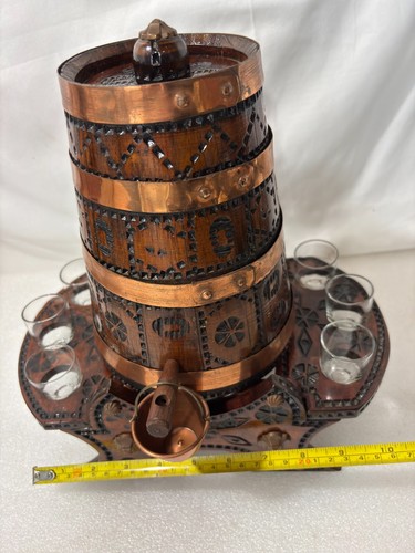 Rare Wood Barrel Decanter Set With 6 Shot Glasses & Stand ~ Vintage & Unique 12" - Picture 9 of 20