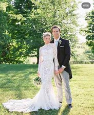 Lace Mermaid Bridal Vintage White Jewel Neck Wedding Gown with Long Sleeves