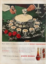 1956 Four Roses Christmas Egg Nog Vintage Print Ad Whiskey Punch Bowl Recipe
