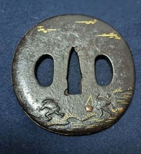 Antique Japanese Tsuba Samurai Katana Sword Guard Iron Gold Inlay H-0092