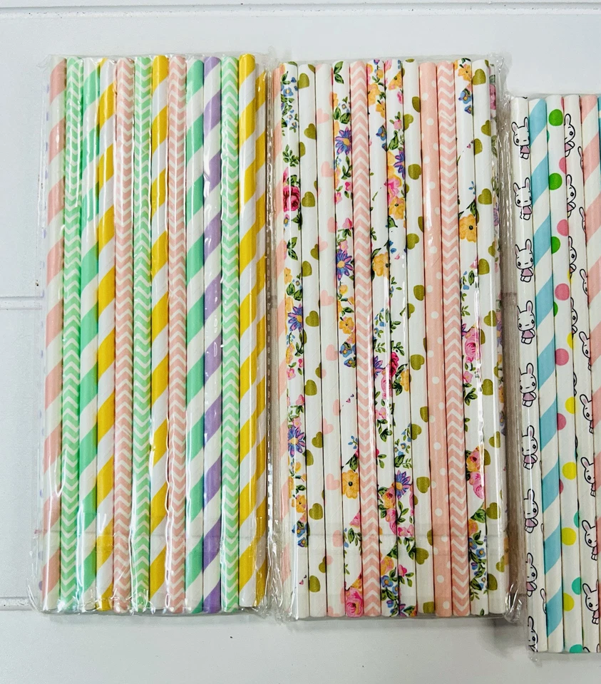 Pajitas de papel para beber Pascua/Primavera pastel conejito lunares floral chevron Foto 2 de 4