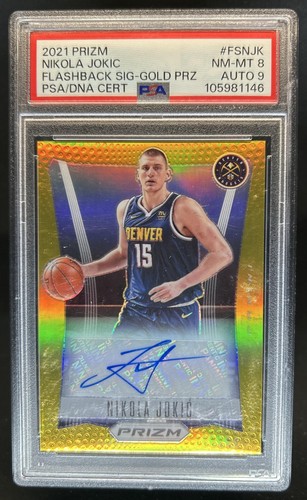 2021-22 Prizm Nikola Jokic Flashback Signatures Prizm Gold Auto #/10 PSA 8 9