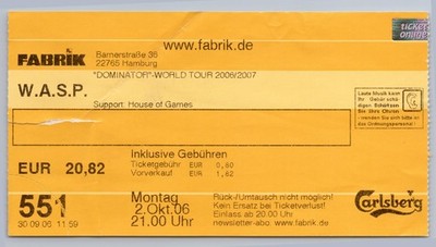 W.A.S.P. Ticket 2006 - Dominator Tour - Hamburg Fabrik - Konzert Karte