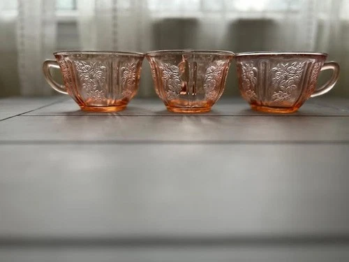 3 Sharon Cabbage Rose Vintage Federal Pink Depression Glass Tea Coffee Cups