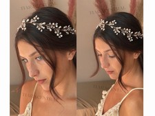 Hair vine bride pearl crystal floral bridal headband gold silver white