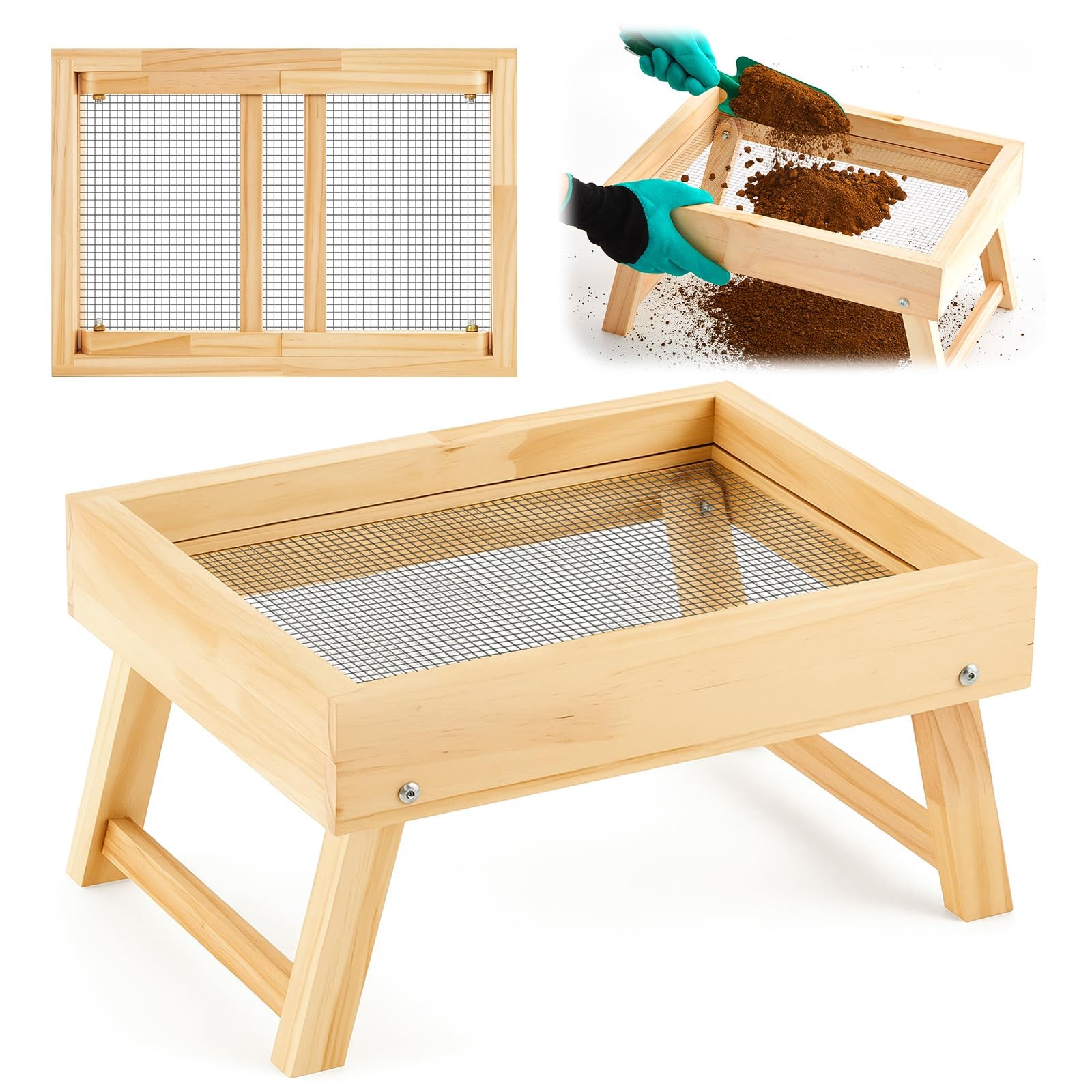 Soil Sifter Dirt Sifter with Folding Bracket for Gardening Wood Compost Sifte...