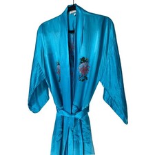 Golden Dragon Vintage Turquoise Blue Embroidered Kimono Robe Floral
