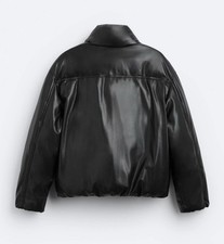 ZARA Jacket Womens XL Black Faux Leather Puffer Oversized Collared Puffer Coat