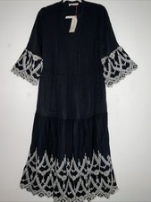SOLITAIRE TIERED EMBROIDERED EYELET BLACK RAYON MAX DRESS 3/4 BELL SLEEVE S NWT