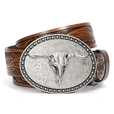 Western Leather Belt with Bull Buckle for Jeans Western Leather Buckle Belt for Men Women Floral Engraved  main image 2