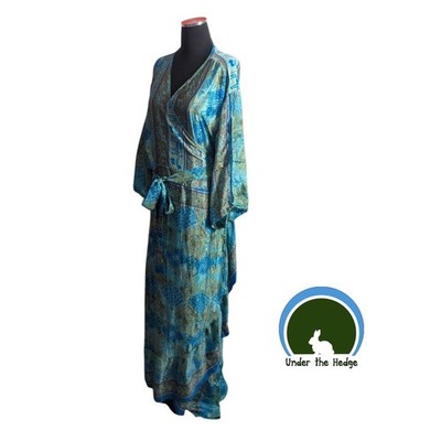 Aqua Recycled Silk Blend Wrap Maxi Ruffle Sari Dress Goddess Plus Size Boho o1