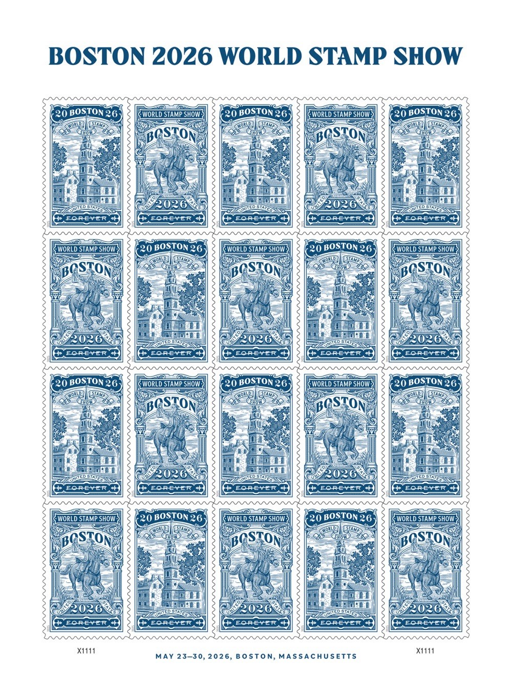 USPS Sheet of 20 Boston 2026 World Stamp Show First Class Letter Stamps ...