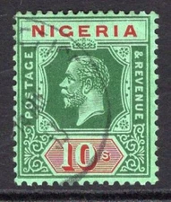 NIGERIA 1921-32 KGV DEFINITIVE 10/- VERY FINE CDS USED. STANLEY GIBBONS 29.