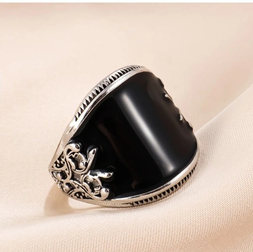 Black Bohemian Carved Ring – Elegant Silver Toned Womans Ring - Picture 2 of 6
