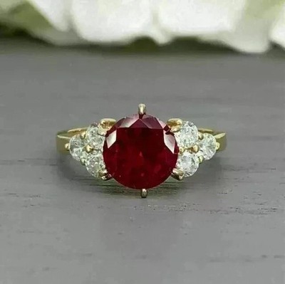 2CT Round Cut Lab Created Ruby Women's Engagement Rings 14K Yellow Gold Plated