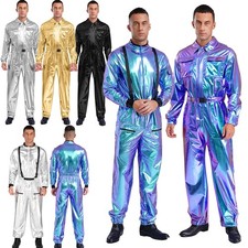 Mens Shiny Metallic Space Suit Flight Suit Cosplay Jumpsuit Astronaut Costume