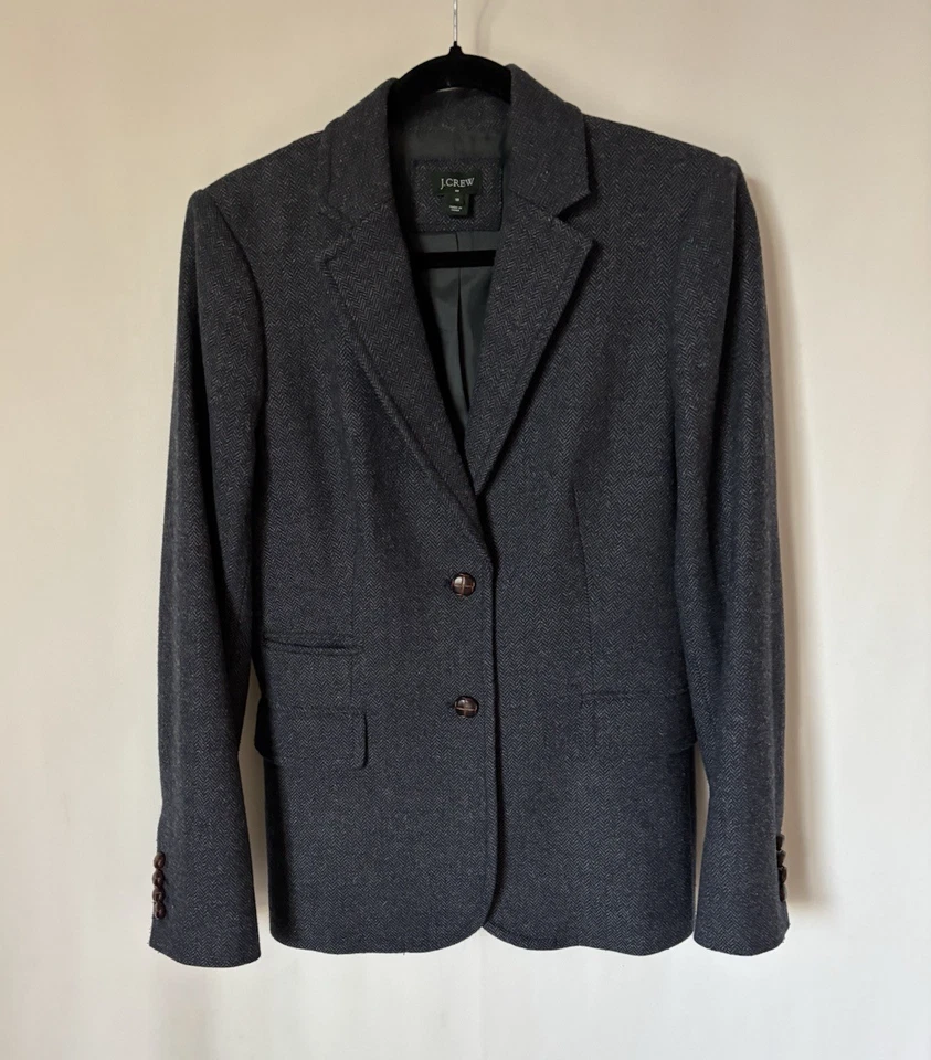 J. Jaqueta Crew Blazer 10 Lã Espinha de Arenque Cinza Mistura de Lã Botões de Couro Preppy - Imagem 2 de 4