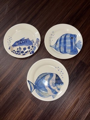 PIER 1 Set Of 3 Melamine Salad Plates Nautical Sea Ocean Fish Theme 8.5 