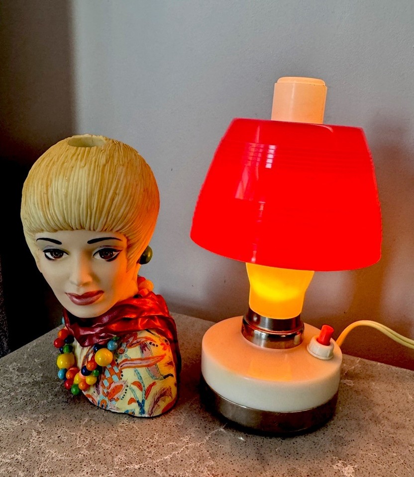 A matched USSR mid-century set of a miniature desk lamp AND a lady figurine — a tiny slice of Soviet-era design that doubles as desk art and conversation bait.
