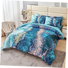 6 Pcs Marble Comforter Set Queen Watercolor Marble Printed queen 6Pcs Teal