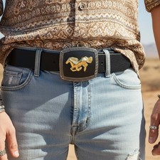 New Men Western Belt Buckle Silver Metal Square Cowboy Gold Rodeo Horse Black