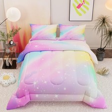 Pink Rainbow Comforter Sets for Girls Kids Adults,3D Pattern with Bright Colo...