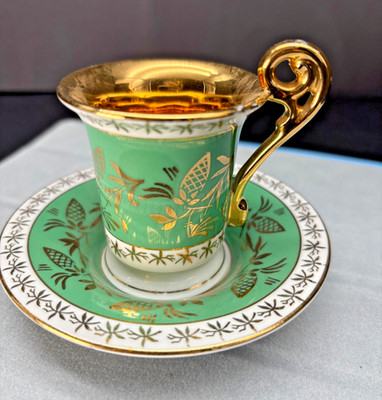 BREMER SCHMIDT German Porcelain Demitasse Teacup Cup Saucer Mint Green 22 K Gold