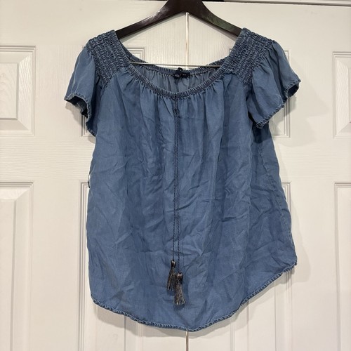 Alex & Parker 100% Tencel Chambray Blue Women's Short Sleeve Top Tassel Large