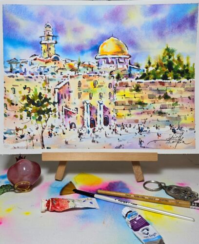 Original watercolor painting Jerusalem architecture art Ciryscape art 9"x12" - Picture 2 of 2