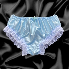 Baby Blue Satin Frilly Lace Sissy Full Cut Panties Briefs Knicker Sizes 10 - 20