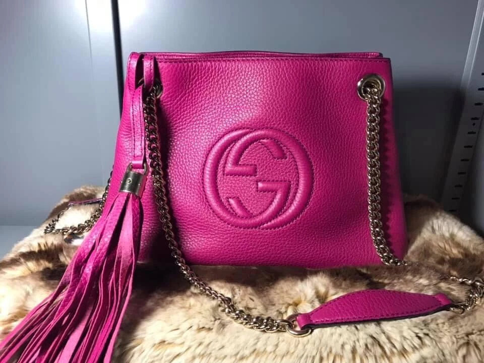 Gucci SOHO Handbag Tassel Chain Tote Bag Shoulder Bag Leather Pink